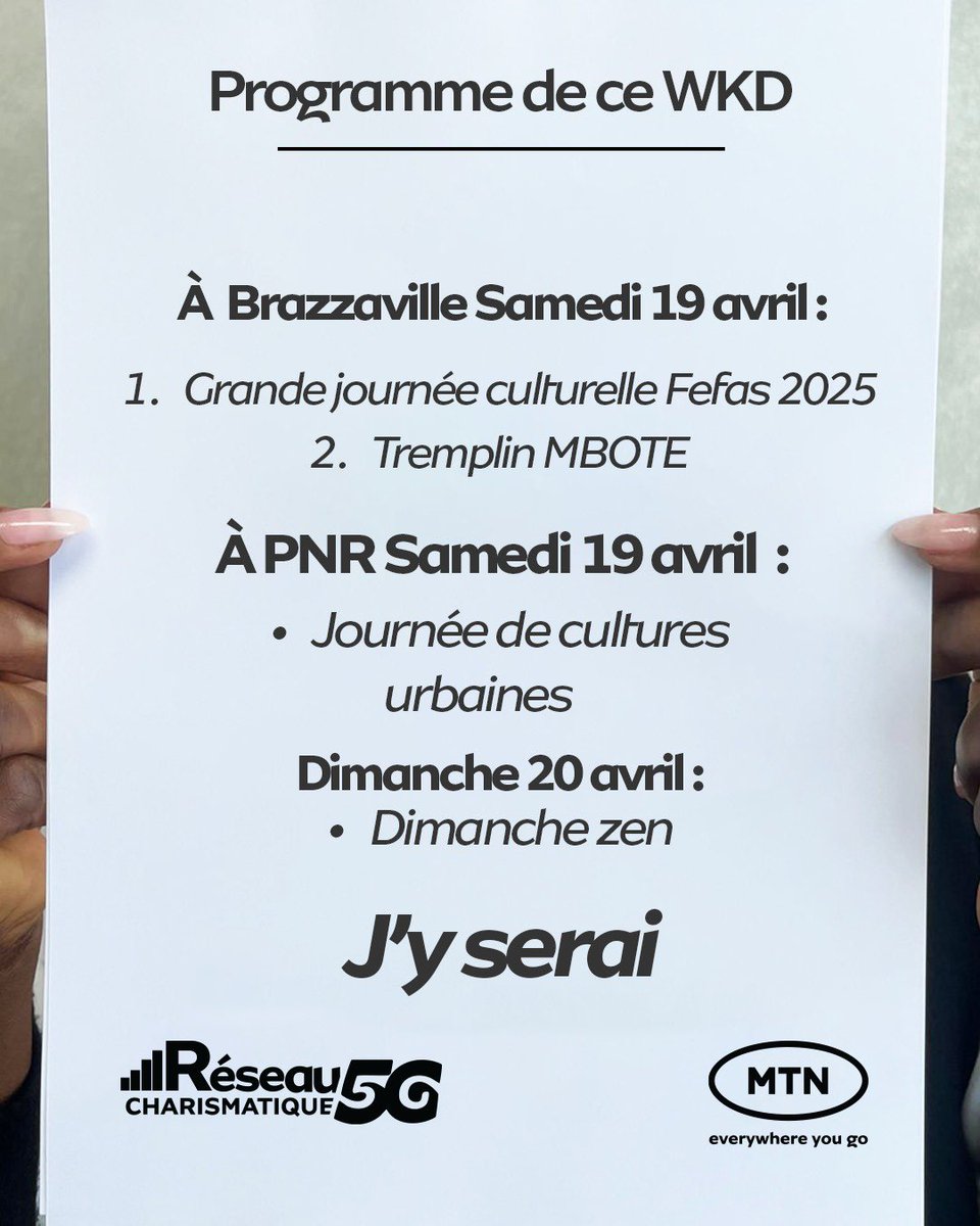 Notre programme du WKD est prêt ! 🔥
📍 Fefas – Lycée de La Sorbonne (Bacongo)
📍 Tremplin – Esplanade de Nkombo
📍 Cultures Urbaines – Tie-Tie
📍 Dimanche Zen – Exoming Beach

💃🏾🕺🏾

#alorsonfaitquoiaujourdhui #charismatique