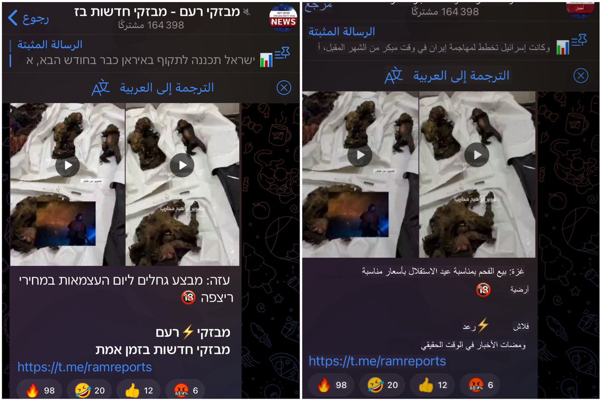 Israeli Telegrams celebrating the children burned alive inside tents at dawn.

Image 1 Caption: "Al-Mawasi | How do you like your Nakba? Medium-well or well-done?"

Image2 Caption: “Gaza: Charcoal for Independence Day - campaign at very low prices.”