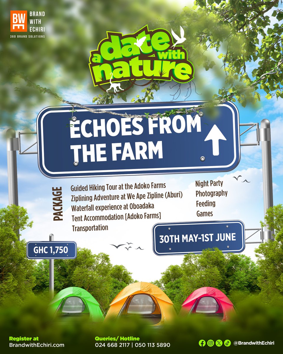 BrandwithEchiri's tweet photo. Let’s escape to nature — tents⛺, trails🥾 &amp; tales📖 await!
Echoes from the Farm is calling, are you coming? 🌿

30th May – 1st June | GHC 1,750
To register:
Call/WhatsApp: 024 668 2117/ 050 113 5890 https://t.co/xF0hGNtmnn