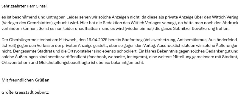 Der Vollständigkeit halber: Inzwischen liegt mir die Antwort der Stadt #Sebnitz auf meine gestrige Anfrage vor.