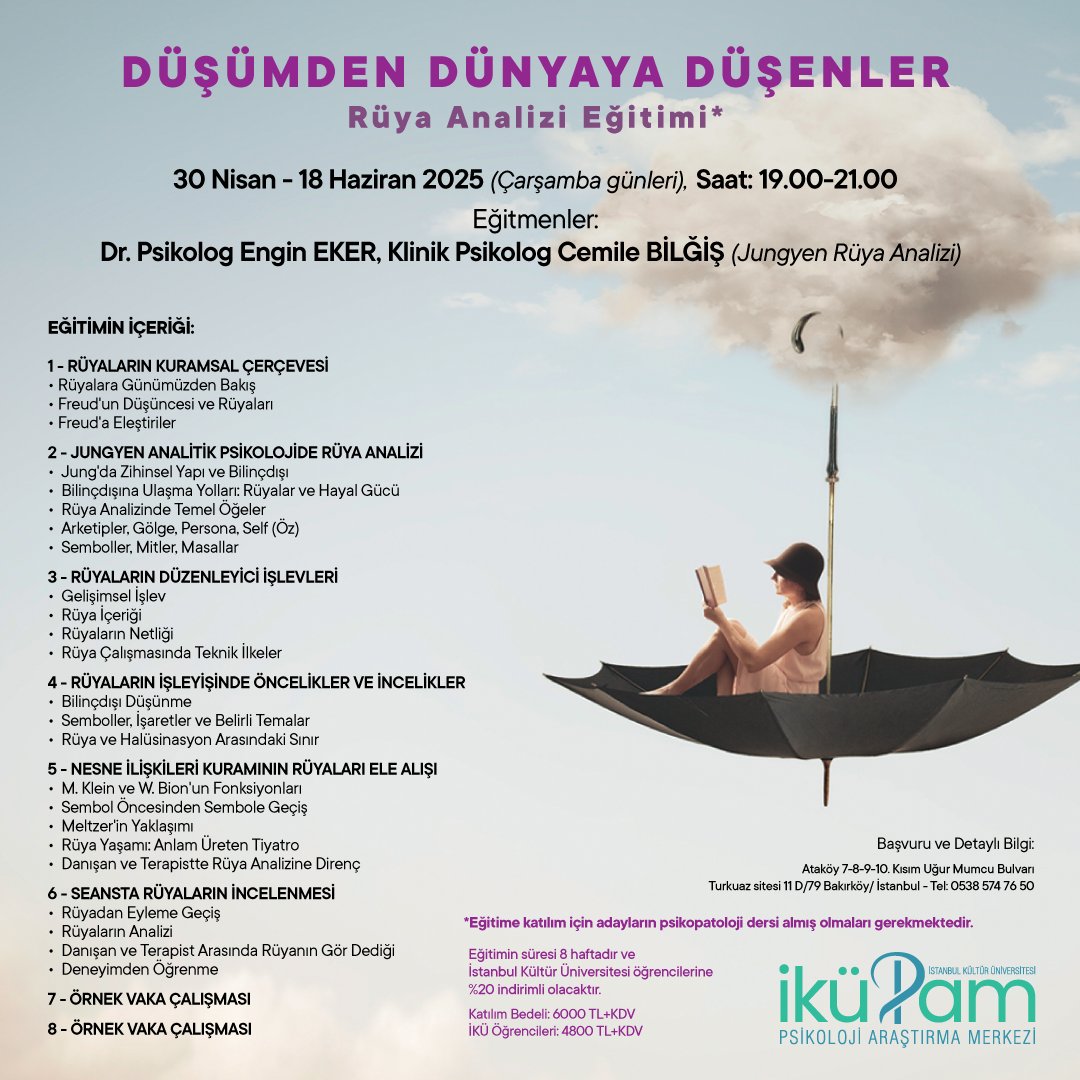 Rüyalar, bireyin iç dünyasına açılan en özel kapılardan biridir. Bu eğitim, katılımcıların rüyaların psikodinamik kuramlar çerçevesinde nasıl analiz edilebileceğini öğrenmelerini amaçlamaktadır. 

Detaylı bilgi ve kayıt için: ikupam.com/dusumden-dunya…