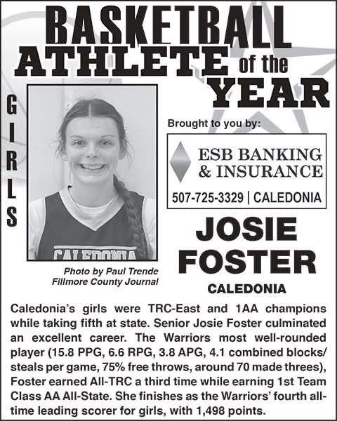 Congratulations Josie on being the Fillmore County Journal female basketball athlete of the year! What an amazing high school career. Can’t wait to see you at Upper Iowa!