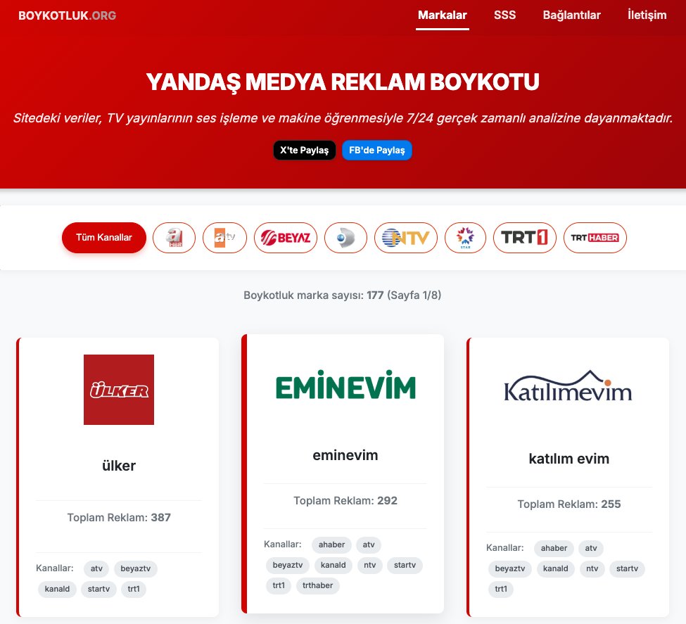 Dijital sinyal işleme ve makine öğrenimi gibi teknolojileri kullanan, 7/24 tv kanallarını tarayarak reklam yayınlayan markaları listeleyen bir web sitesi oluşturduk. 🇹🇷
boykotluk.org
#BoykotaDevamEdiyoruz #YapayZeka #Teknoloji #AI