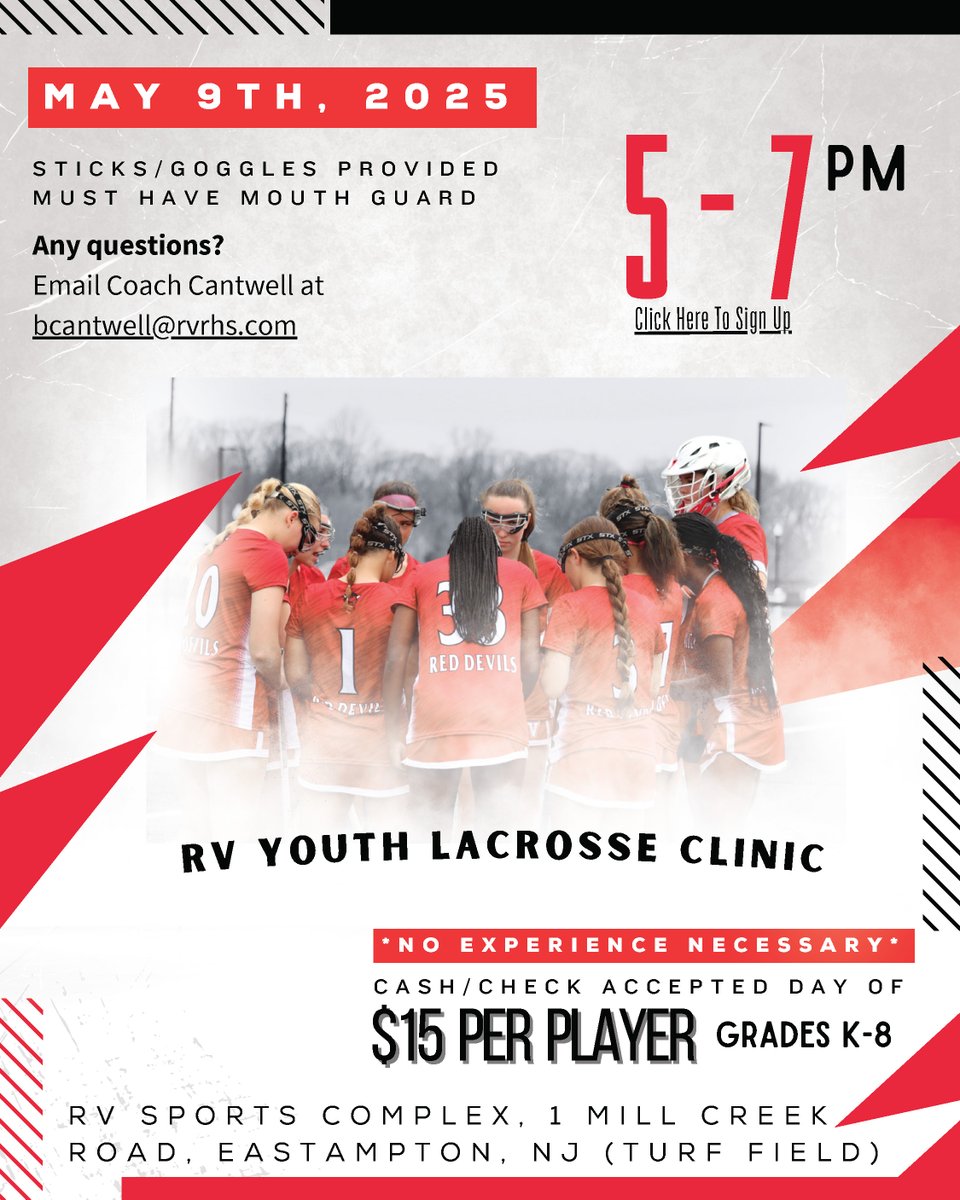 RVRHS1's tweet image. RV will be hosting a youth Lacrosse Clinic for students in grades K-8 from 5pm-7pm on May 9th at the Sports Complex on Mill Creek Road.
docs.google.com/forms/d/e/1FAI…