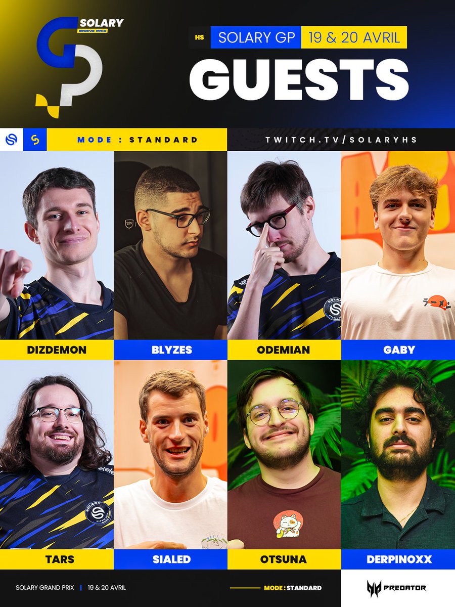 Un nouveau week-end de compétition Hearthstone avec le Solary Grand Prix by <a href="/PredatorFrance/">Predator Gaming 🇫🇷</a> qui met à l'honneur les meilleurs joueurs français 🇫🇷

@GabyHS59 | Top 1 Légende NA
<a href="/OtsunaFR/">Killian 'Otsu'</a> | Stagiaire
<a href="/DizdemonHS/">SLY Dizdemon</a> | Fort sur SC2
<a href="/xBlyzesHS/">Blyzes 🇫🇷</a> | Addict au Mage Sort
<a href="/OdemianHS/">SLY Odemian</a> | Père de