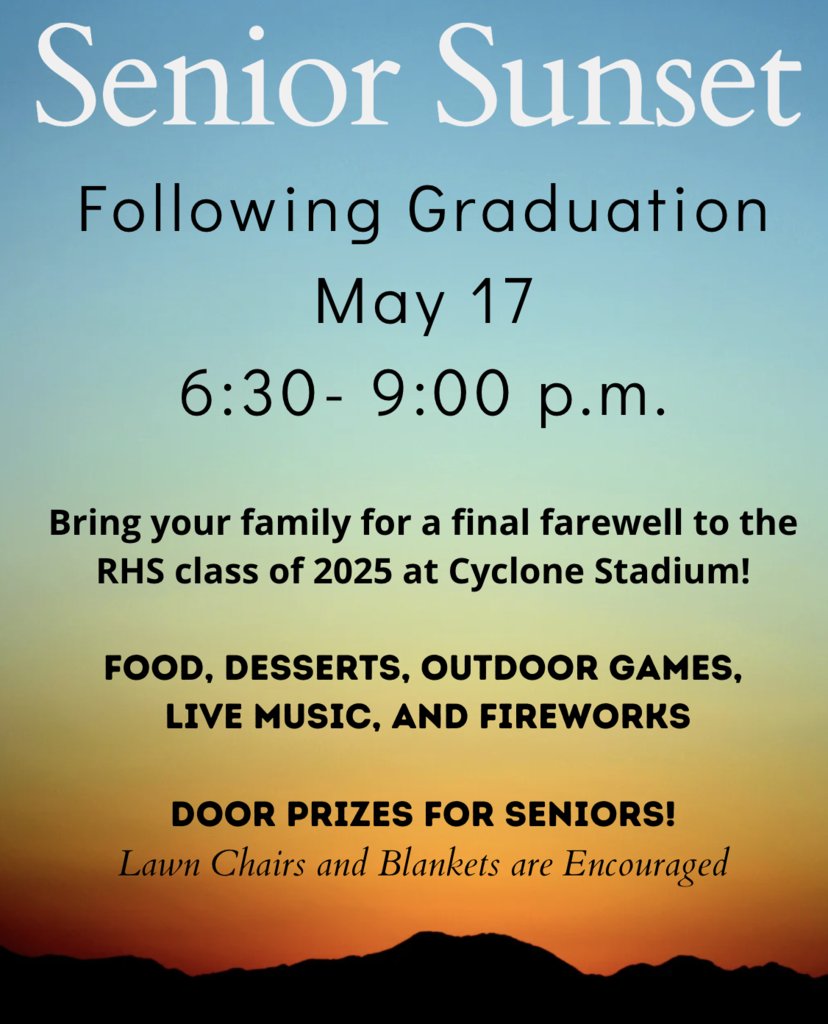 We hope all seniors and their families can join us on Saturday, May 17 for Senior Sunset!
