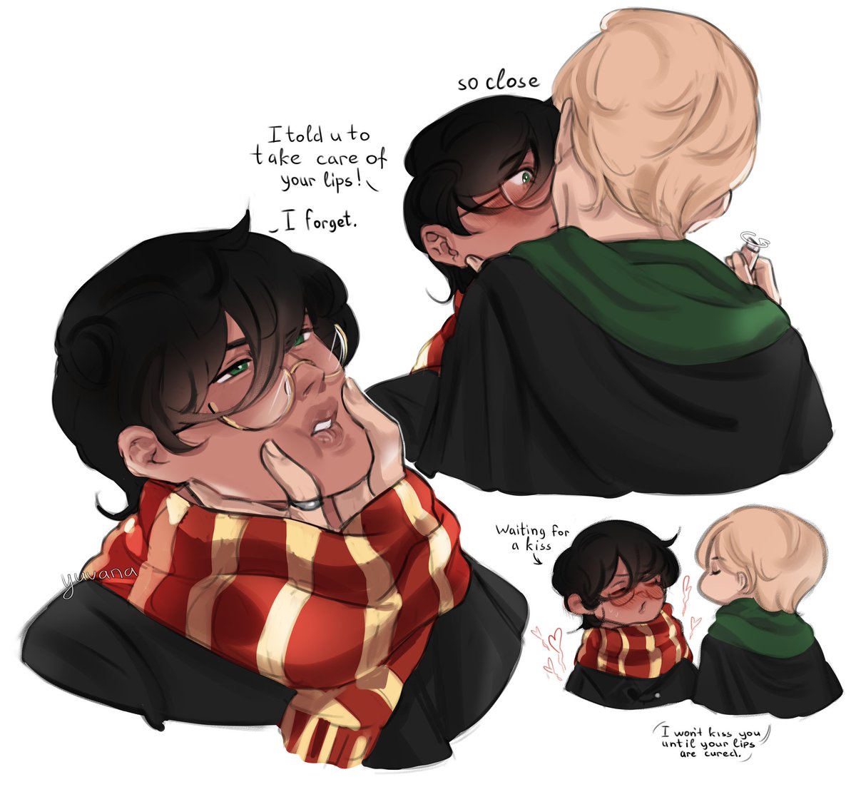 YUVIKO_art's tweet image. Harry's lips crack all the time, Draco is annoyed by it
#drarry