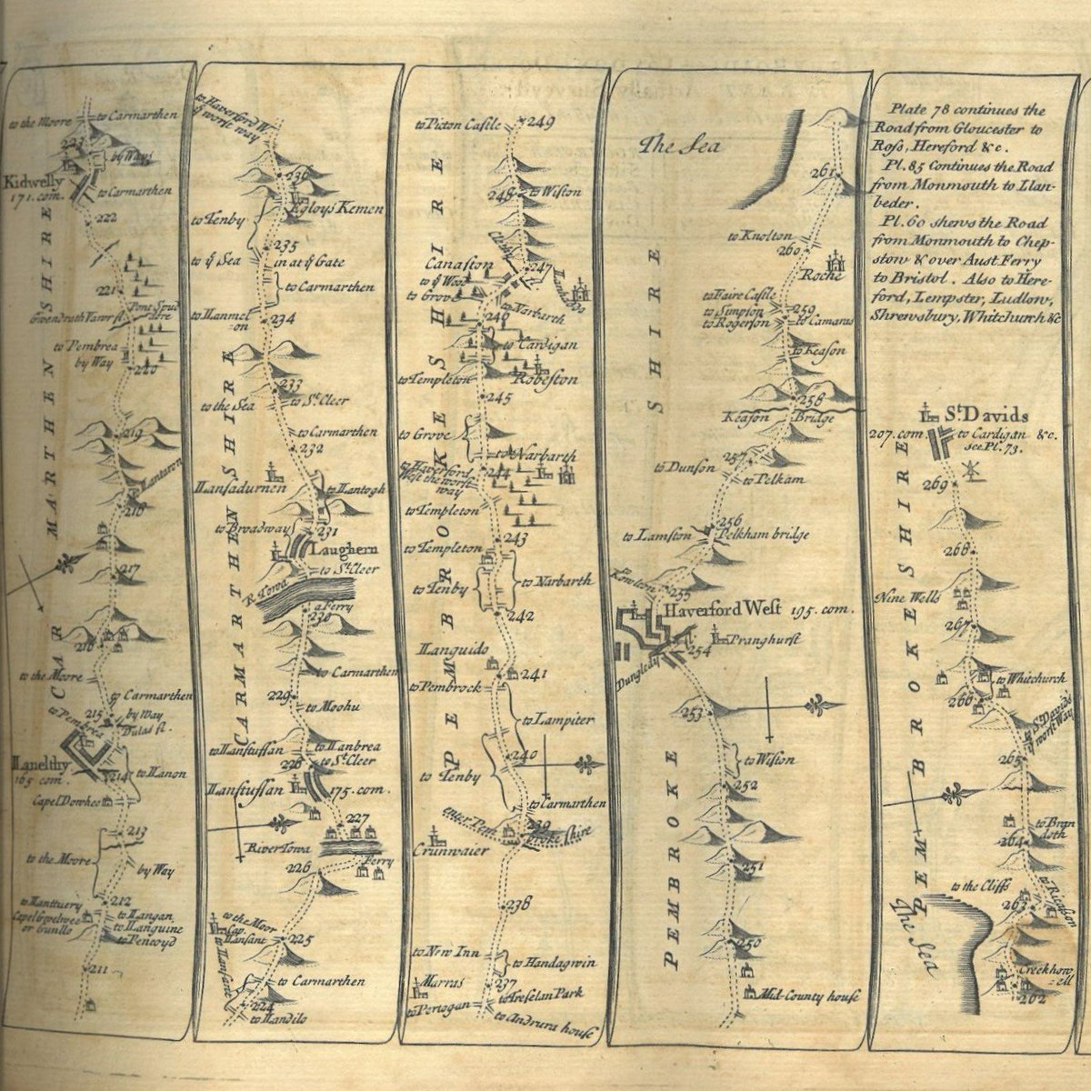 A map of the last stage of the journey from London to St Davids. This is taken from John Senex’s revised edition of John Ogilby’s The Roads Through England Delineated (1757). 

The numbers marked on the road represent the distance in miles from London.

#MiniMilestones #Archive30