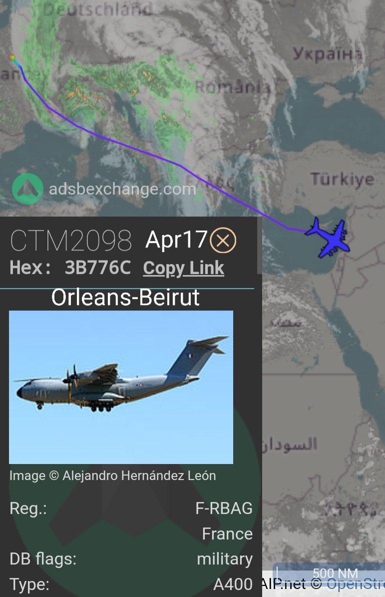 LebanonJets's tweet photo. Another #France AirForce A400M of the week: #FRBAG arriving into Beirut from Orleans as #CTM2098 hex #3B776C invisible on FR24, BLOCKED on other sources- around 700 French troops in #Lebanon for #UNIFIL
@CotamFleet https://t.co/PFsCZGVRdG