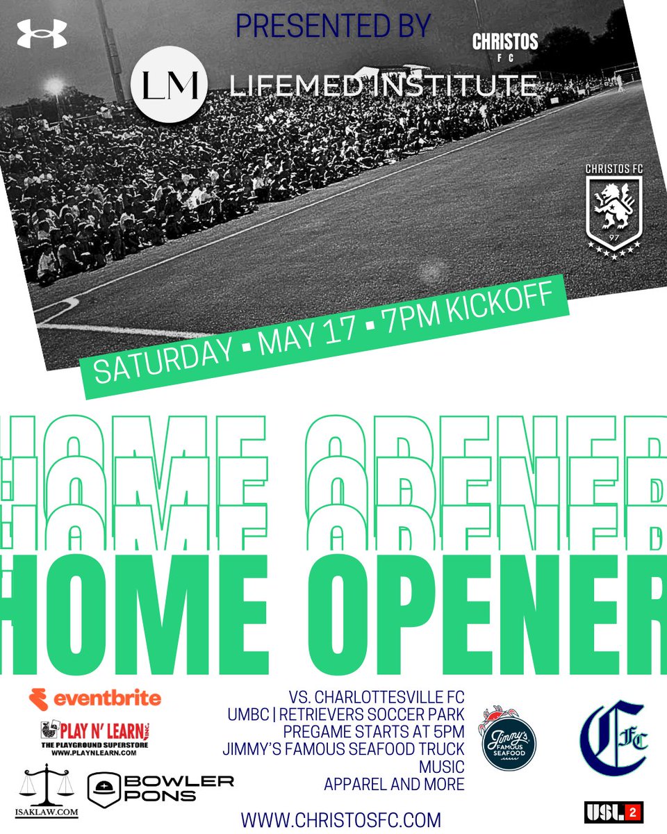 ChristosFC's tweet photo. Christos FC Home Opener
UMBC | May 17 | 7PM Kick
Tix start at $7+ → https://t.co/UjQBauU5eZ
👕 Win a free Christos FC shirt (random draw)
#CTID | #USL2 | #ForBaltimore
Shoutout:
LifeMed Institute | BowlerPons | https://t.co/igdhLVpiHo | @JimmysSeafood | Play n Learn Playgrounds https://t.co/U3WABKEdcd