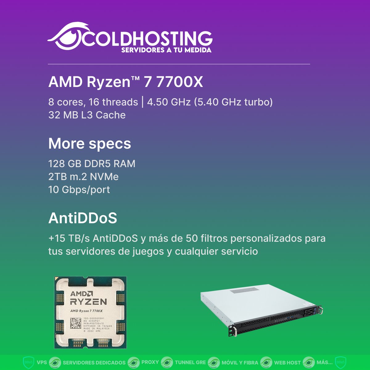 ColdHostingSL's tweet image. Nuevos dedicados disponibles en Barcelona 🇪🇸

AMD Ryzen 7 7700X | 128GB DDR5 | 2TB NVMe
10Gbps de red + 15TB AntiDDoS con filtros avanzados
Máximo rendimiento y protección real.

👉 clientes.coldhosting.com/index.php?rp=/…

#ServidoresDedicados #Cloud #HOSTING #VPS #AntiDDoS