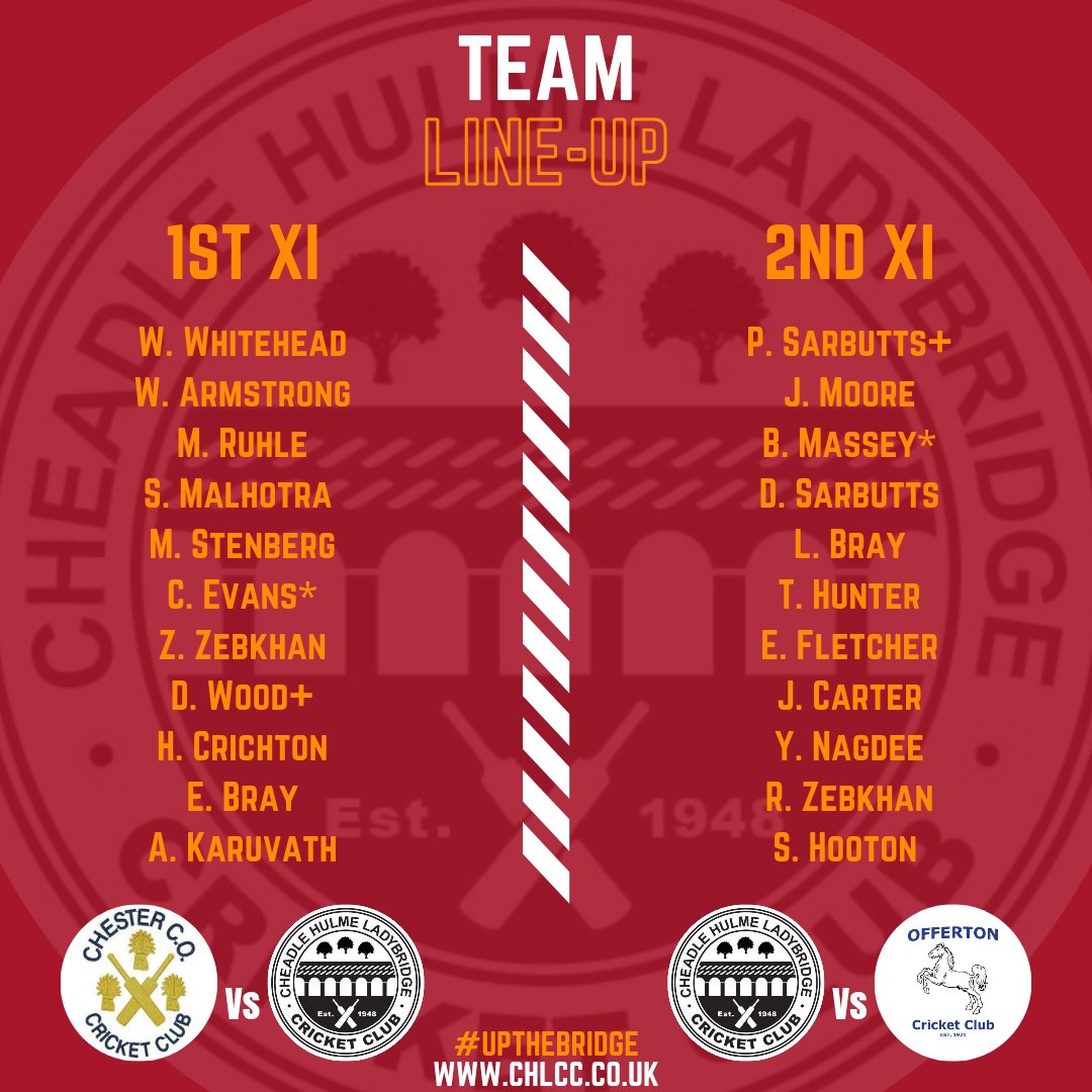 CHLadybridge's tweet photo. 🏏 WEEKEND FIXTURES 🏏

1st XI Away Vs @ChesterCOCC

2nd XI Home Vs @OffertonCC

Your support is always welcome!

Thanks as always to our sponsors: SWF Consulting, @mistoriagroup @MistoriaAgents and @QualityCareOC

#upthebridge #bridgearmy
#cheadlehulme #cricket https://t.co/cOFJbdPNBi