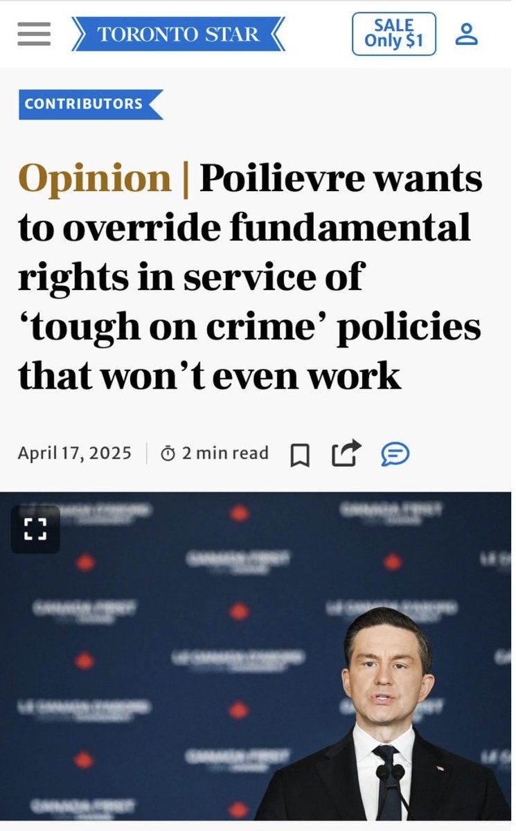 My op/ed: "Poilievre's cavalier attitude toward civil liberties should be a warning to all Canadians."

"The premise of constitutionally entrenched rights and freedoms is that they exist to protect each of us, beyond the political motivations of government."

Full article: