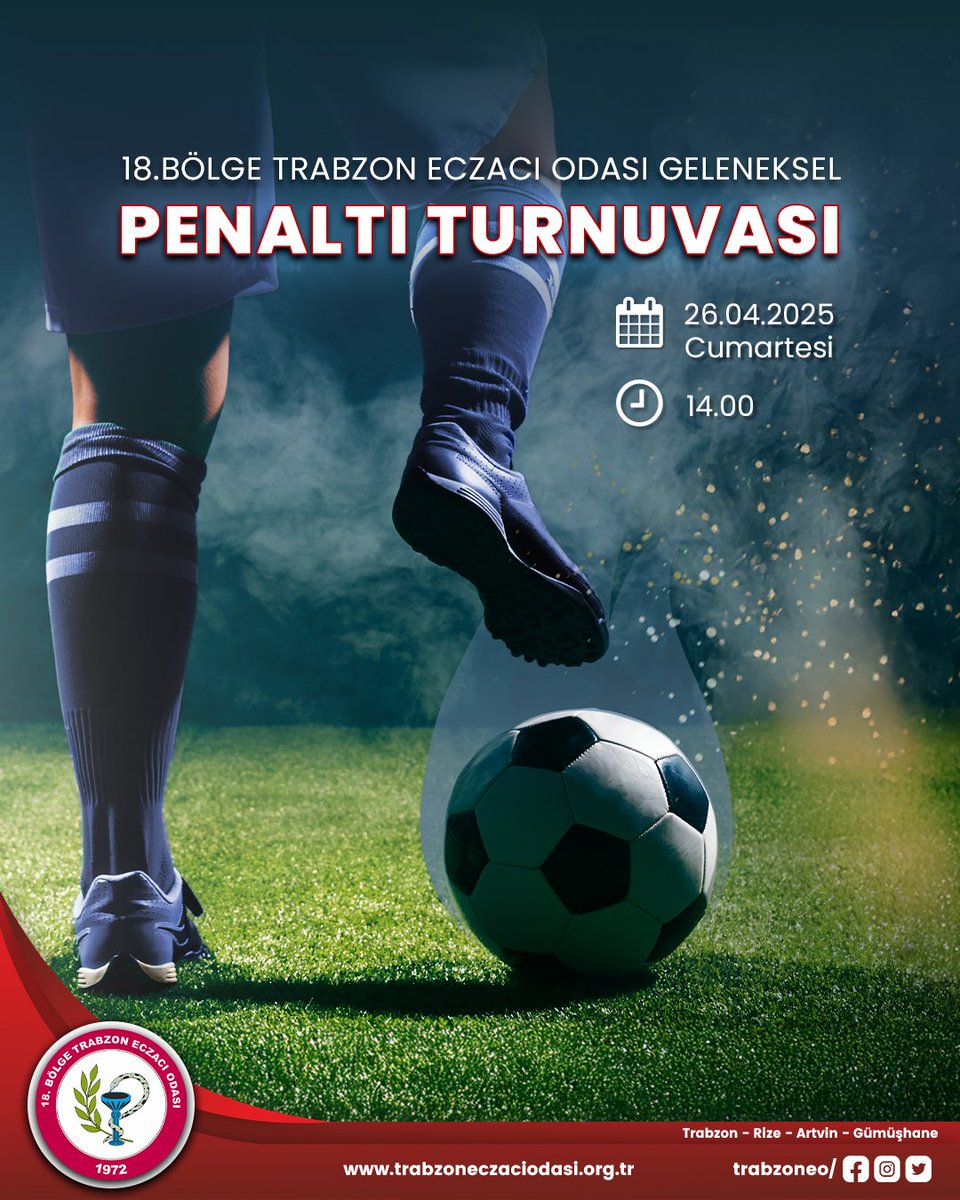 18. Bölge Trabzon Eczacı Odası Geleneksel Penaltı Turnuvası
26 Nisan 2025 Cumartesi günü saat 14.00’te Beşirli Sentetik Çim Saha’da (Orman Okulu altı) düzenlenecektir.
Tüm meslektaşlarımız davetlidir.
Katılım için odamızla iletişime geçiniz.

#TrabzonEczacıOdası