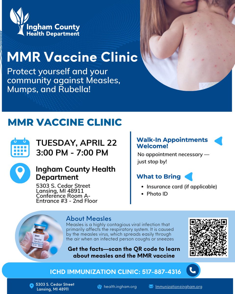 MMR Vaccine Clinic
Tuesday, April 22
3:00 PM - 7:00 PM
Ingham County Health Department
5303 S. Cedar Street
Lansing, MI 48911
Conference Room A- Entrance #3 - 2nd Floor
No appointment necessary — just stop by!
ICHD Immunization Clinic: 517-887-4316
