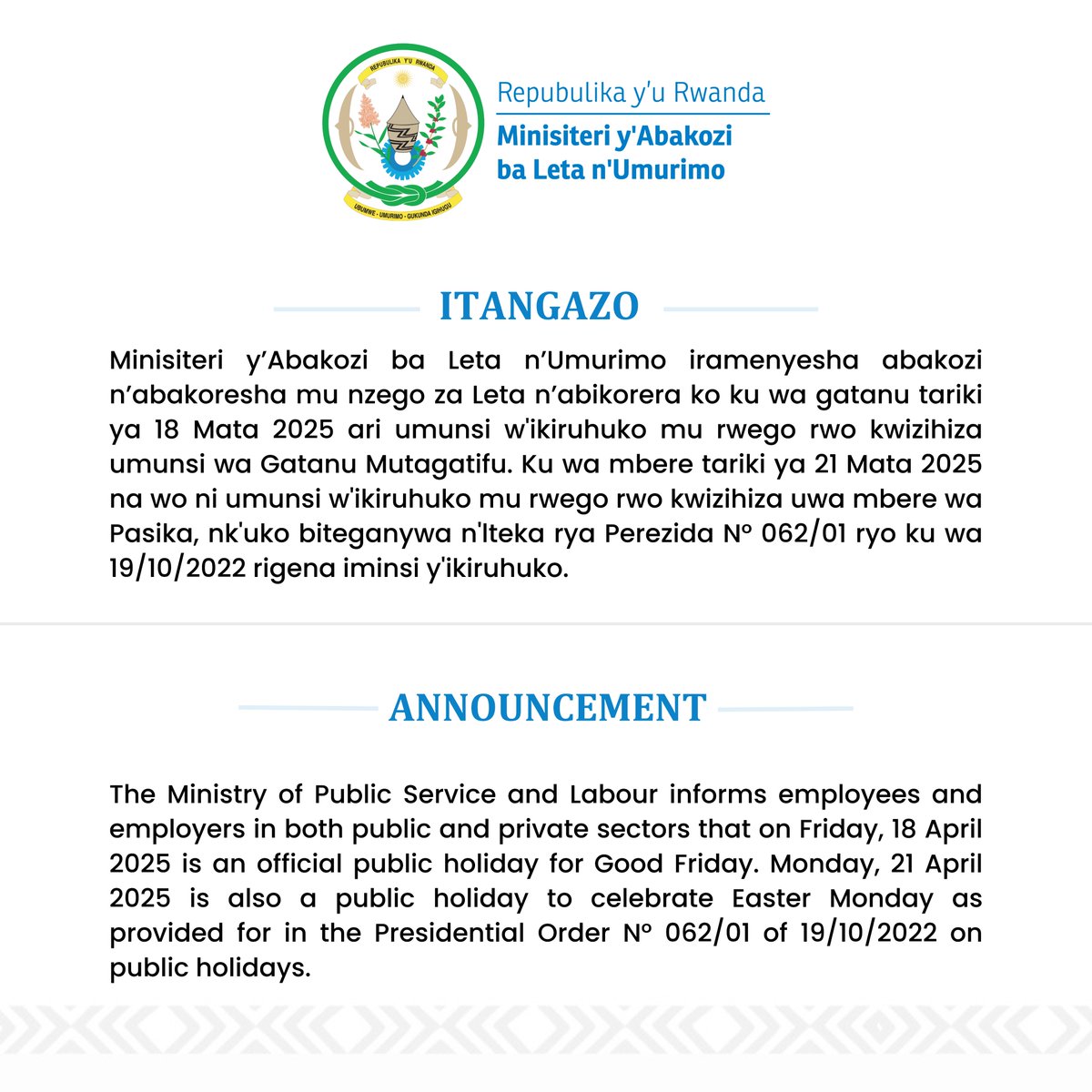 RwandaLabour's tweet photo. ITANGAZO https://t.co/DixhZzoe0d