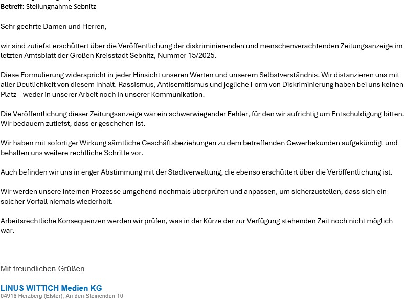 update #Sebnitz: Die Stellungnahme des Verlages zu der menschenverachtenden Anzeige von Ronney W. im Amtsblatt.