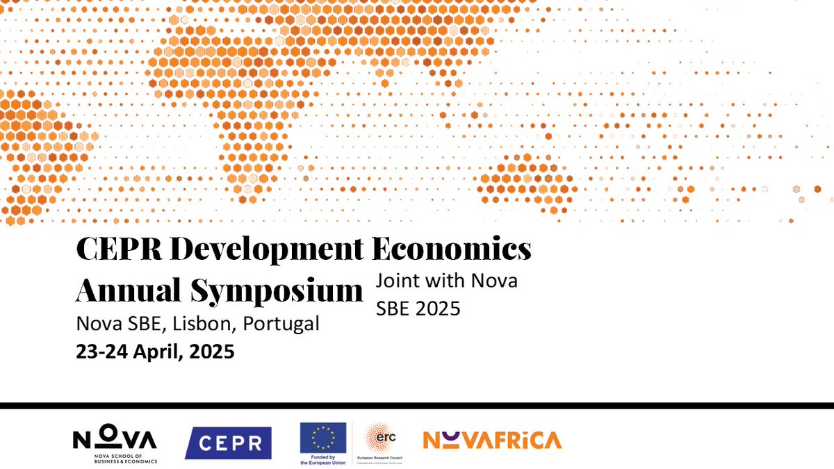📢 Almost here! Join us for <a href="/cepr_org/">CEPR</a> Development Econ Symposium 2025, with <a href="/NovaSBE/">NovaSBE</a> &amp; <a href="/NOVAFRICA/">NOVAFRICA</a>.
🗓️ 23–24 April | 📍<a href="/NovaSBE/">NovaSBE</a> Carcavelos campus.
2 days on some of the most pressing development topics — from taxes to firms, cities, gender, health &amp; more!
🔗bit.ly/4cufQwx