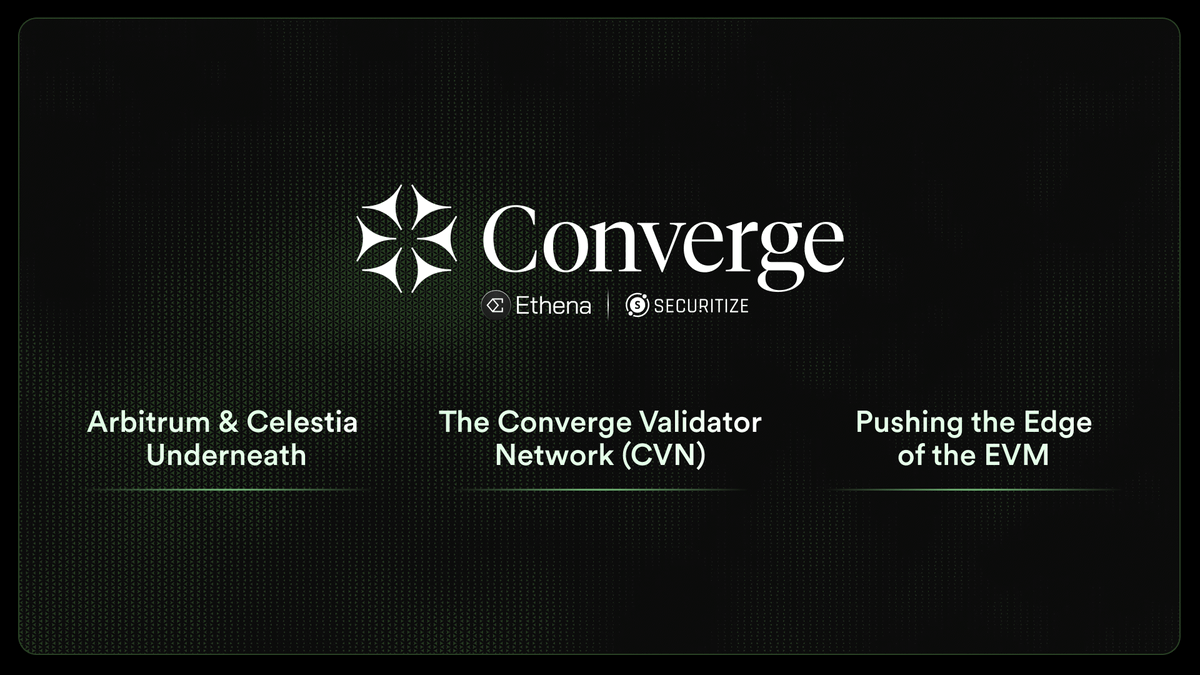 Introducing Converge's technical specification &amp; roadmap: 

Converge will offer a highly performant EVM, with added security features via a novel validator network to optimize for onboarding billions in institutional capital

Secured by sENA, powered by <a href="/arbitrum/">Arbitrum</a> and <a href="/celestia/">Celestia 🦣</a>