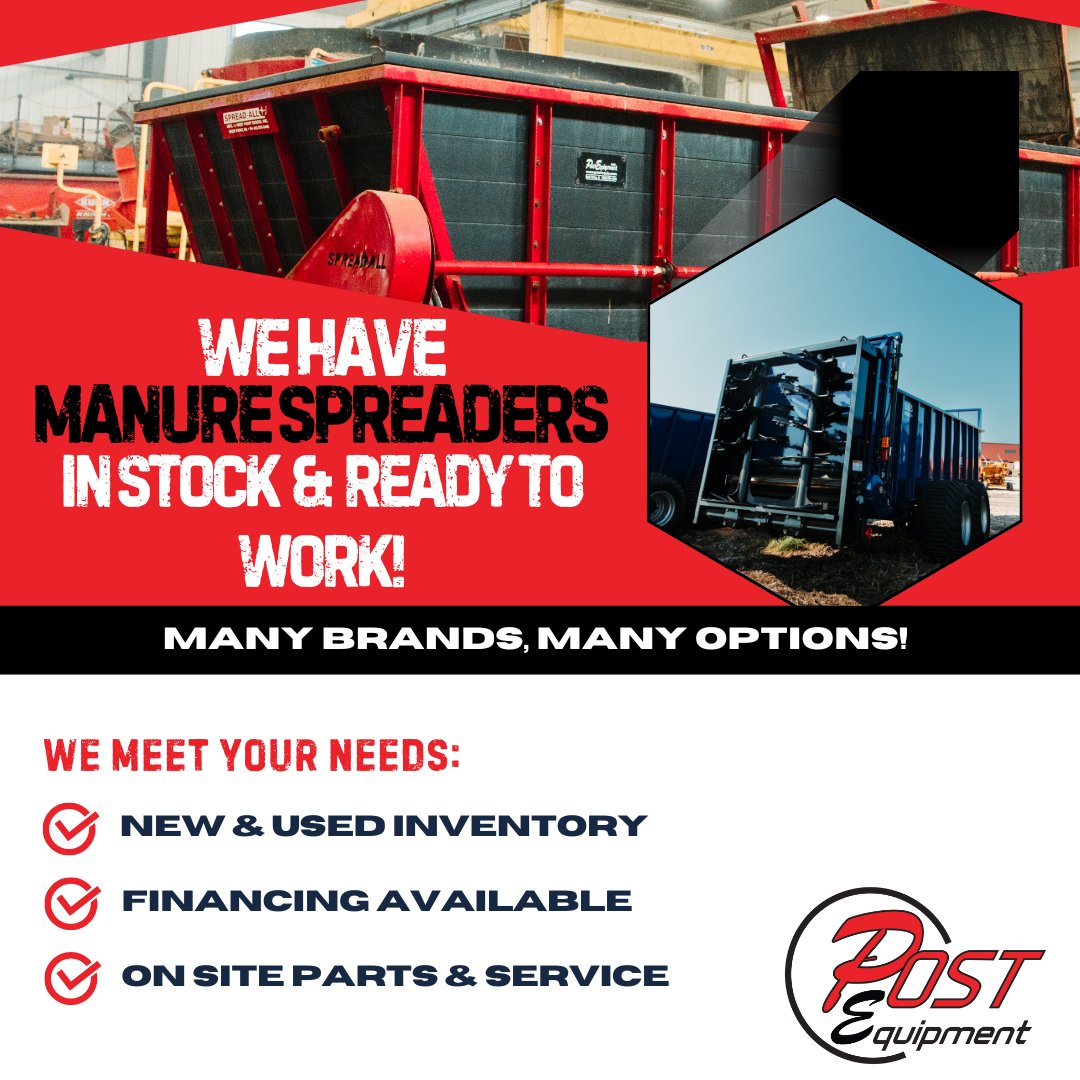 Got manure to move? We’ve got you covered.  

Spreader season is here, and we’ve got new and used manure spreaders in stock and ready to roll — many brands, many options!  

Need parts or a fix? Our parts &amp; service team is ready to keep you spreading, not stuck.