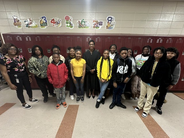 Justice Verda Colvin recently visited Marcia Burgess-McPherson's seventh-grade math students at Ballard-Hudson Middle School in Bibb County to offer them words of encouragement and inspiration as they approach testing season.