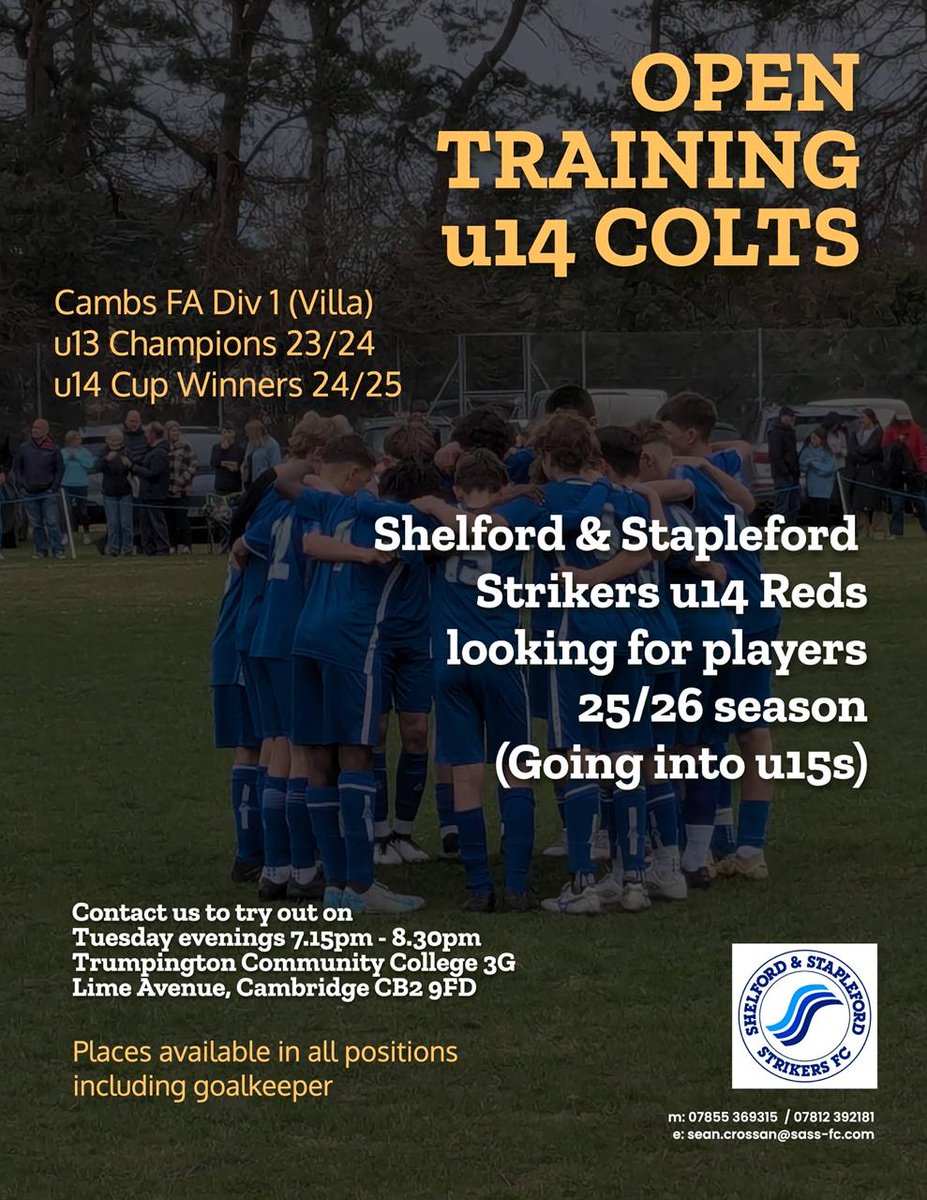 Player opportunities for U14s (u15s in 25/26 Season) in all positions 

#youthfootball #colts #cambsfa

<a href="/cufcacademy1/">Cambridge United Academy</a> <a href="/cufcelite/">Cambridge United Elite Centres</a> <a href="/CUFCGoalkeepers/">Cambridge United Goalkeepers</a> <a href="/ITFCFoundation/">Ipswich Town Foundation</a> @NTFC13eja23_24 <a href="/NorwichCityCSF/">Norwich City CSF</a>