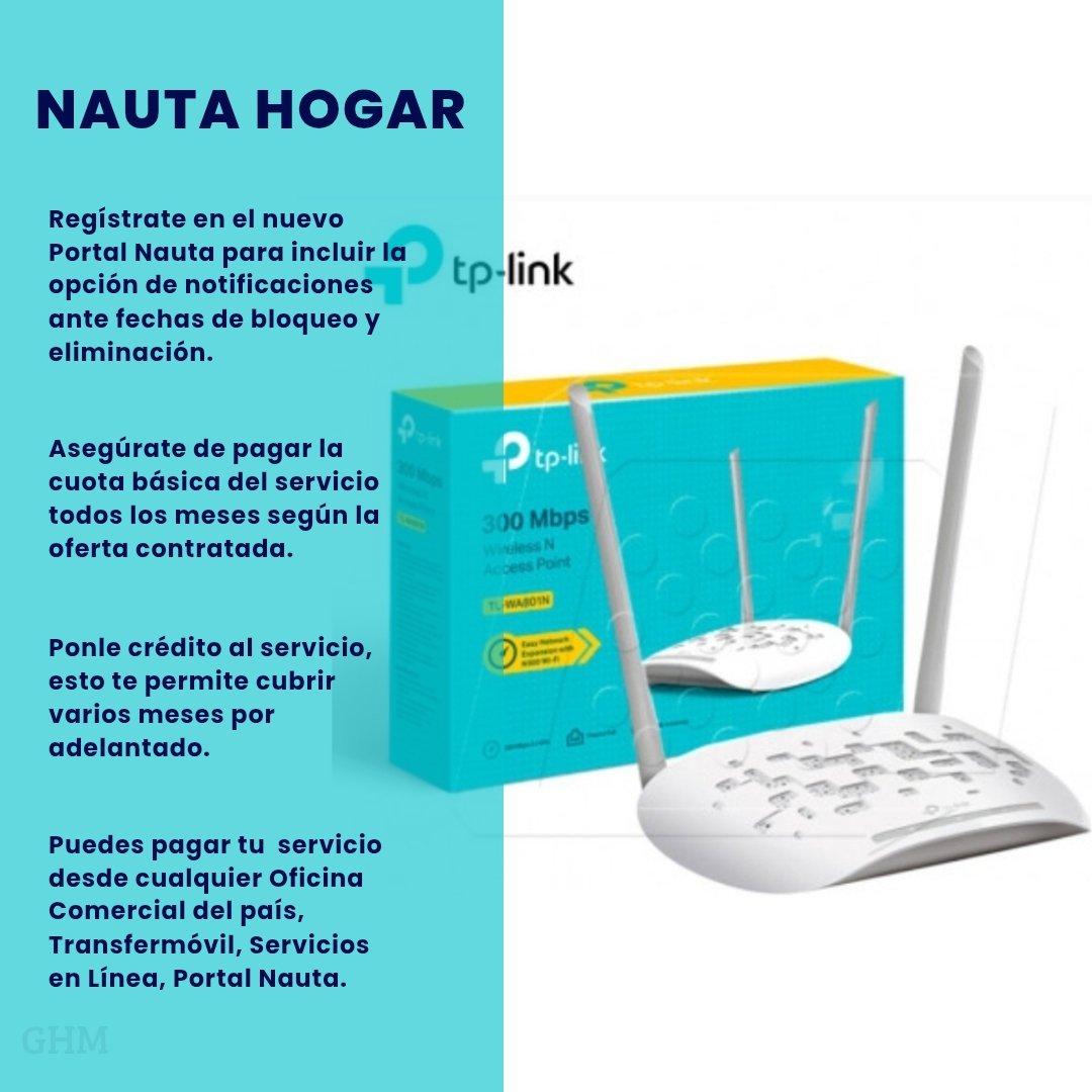 Asegure la continuidad de su servicio #NautaHogar: pague puntualmente su cuota básica, realice recargas anticipadas para cubrir varios meses y regístrese en el Portal Nauta para recibir notificaciones sobre fechas de bloqueo o eliminación.  
#EtecsaConCuba #TransfermóvilS