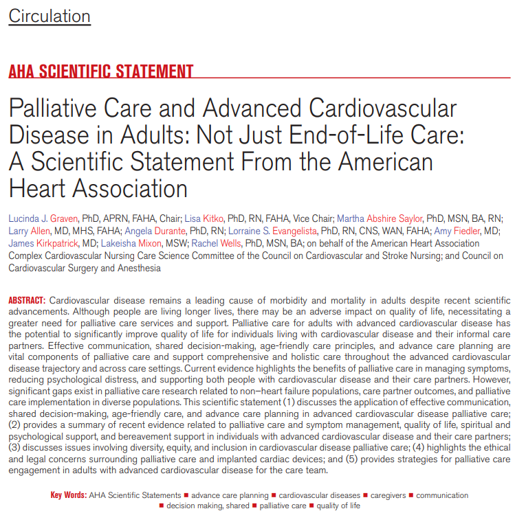 AHA Science (@ahascience) on Twitter photo Palliative care in advanced CVD is essential to enhance quality of life, extending beyond end-of-life care to encompass the entire disease course.
โ๐ผ <a href="/GravenLucinda/">Lucinda J. Graven PhD, APRN, FAHA, FAAN</a> <a href="/DeanLisaKitko/">Lisa Kitko</a> <a href="/AbshireMartha/">Martha Abshire Saylor</a> <a href="/kofi_larry/">Larry A. Allen, MD</a> <a href="/Angie_Durante89/">Angela Durante</a> <a href="/LorraineEvang12/">Lorraine Evangelista</a> <a href="/FiedlerAmy/">Amy G. Fiedler, MD</a> <a href="/AL_CardiacRN/">Rachel Wells, PhD, RN</a> Palliative care in advanced CVD is essential to enhance quality of life, extending beyond end-of-life care to encompass the entire disease course.
โ๐ผ <a href="/GravenLucinda/">Lucinda J. Graven PhD, APRN, FAHA, FAAN</a> <a href="/DeanLisaKitko/">Lisa Kitko</a> <a href="/AbshireMartha/">Martha Abshire Saylor</a> <a href="/kofi_larry/">Larry A. Allen, MD</a> <a href="/Angie_Durante89/">Angela Durante</a> <a href="/LorraineEvang12/">Lorraine Evangelista</a> <a href="/FiedlerAmy/">Amy G. Fiedler, MD</a> <a href="/AL_CardiacRN/">Rachel Wells, PhD, RN</a>