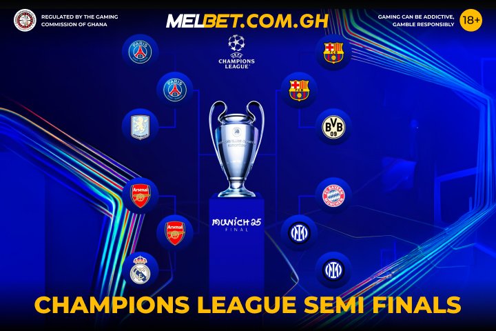 MelbetGhana's tweet photo. #RoadToMunich: The #UCL semifinals are here! 🔥🏆
4 clubs. 1 dream. Who's your pick to win it all? 👀
Increase #WelcomeBonus up to 2700 GHS with #PromoCode 👉🏾 MELXGH
#ChampionsLeague #UCL2025 #Arsenal #InterM #Barcelona #PSG https://t.co/iZSzunth80