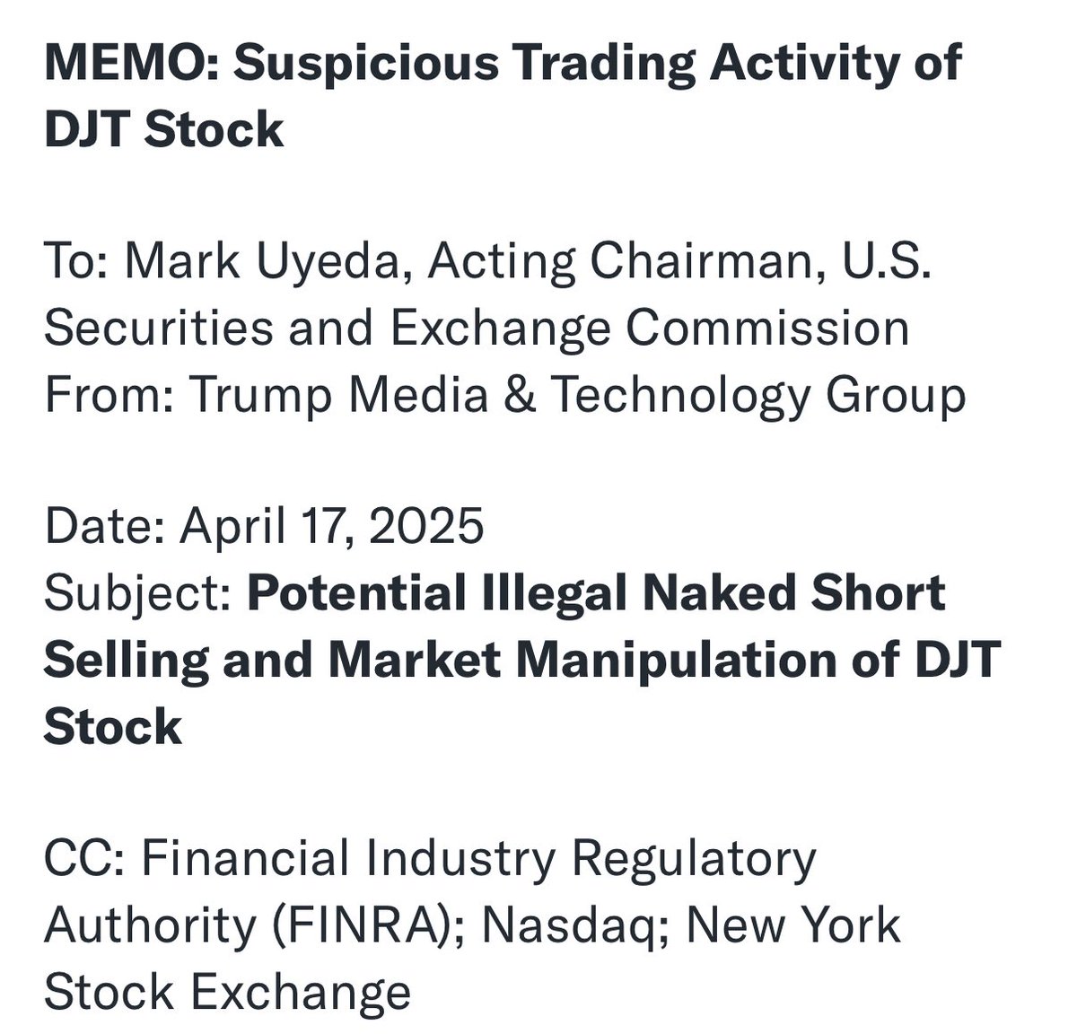JohnnyTabacco's tweet image. BREAKING: $DJT files 
Suspicious  Activity  Report alleging Naked Shorting and potential manipulation to @FINRA @SECGov @NasdaqExchange @NYSE 
@realDonaldTrump @DonaldJTrumpJr @NEWSMAX 

finance.yahoo.com/news/trump-med…