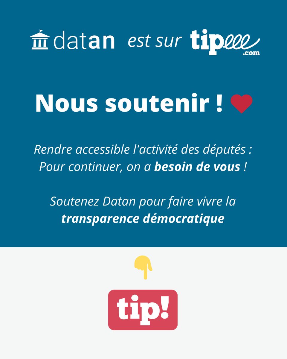 Datan est sur <a href="/Tipeee_Officiel/">Tipeee</a> !

🔎 Notre site rend accessibles les votes et l'activité des députés. 

Nous sommes un projet bénévole, mais nous avons besoin de vous pour continuer pérenniser et continuer de développer notre outil ! 💙 #DirectAN 

👉 fr.tipeee.com/datan
