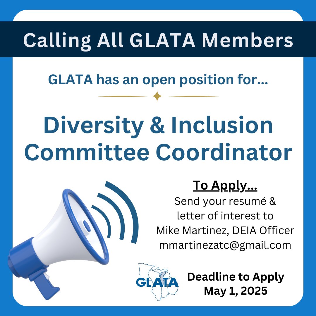 GLATA (@glata_updates) on Twitter photo Looking to get involved? Apply to become the next D&I Committee Coordinator! Send resume & letter of interest to, Mike Martinez, DEIA Officer, mmartinezatc@gmail.com. Help all members of GLATA reach their best! Email with questions or if you need accommodations to participate. Looking to get involved? Apply to become the next D&I Committee Coordinator! Send resume & letter of interest to, Mike Martinez, DEIA Officer, mmartinezatc@gmail.com. Help all members of GLATA reach their best! Email with questions or if you need accommodations to participate.