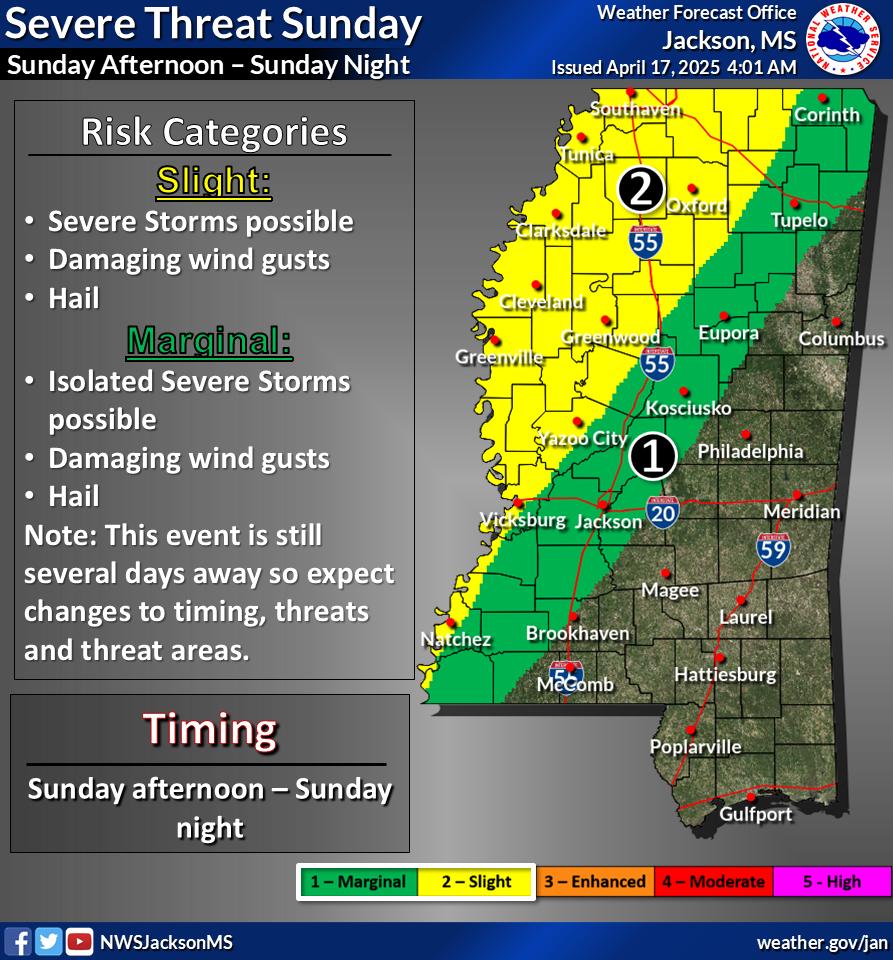 The National Weather Service has forecasted a severe threat for Sunday (4/20/25) for the western half of the State. Severe storms ⛈, damaging winds 💨, and hail ☄️ cannot be ruled out. We encourage everyone to stay weather aware 📲 this weekend, especially if you plan to travel