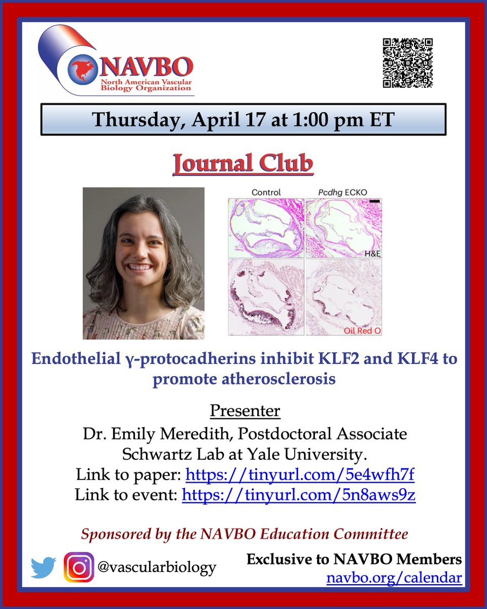 Happening Today! NAVBO Journal Club on Apr 17 at 1:00 pm ET

Endothelial γ-protocadherins inhibit KLF2 and KLF4 to promote atherosclerosis

Dr. Emily Meredith
Schwartz Lab at Yale University

Paper: tinyurl.com/5e4wfh7f
Event: tinyurl.com/5n8aws9z

navbo.org/calendar