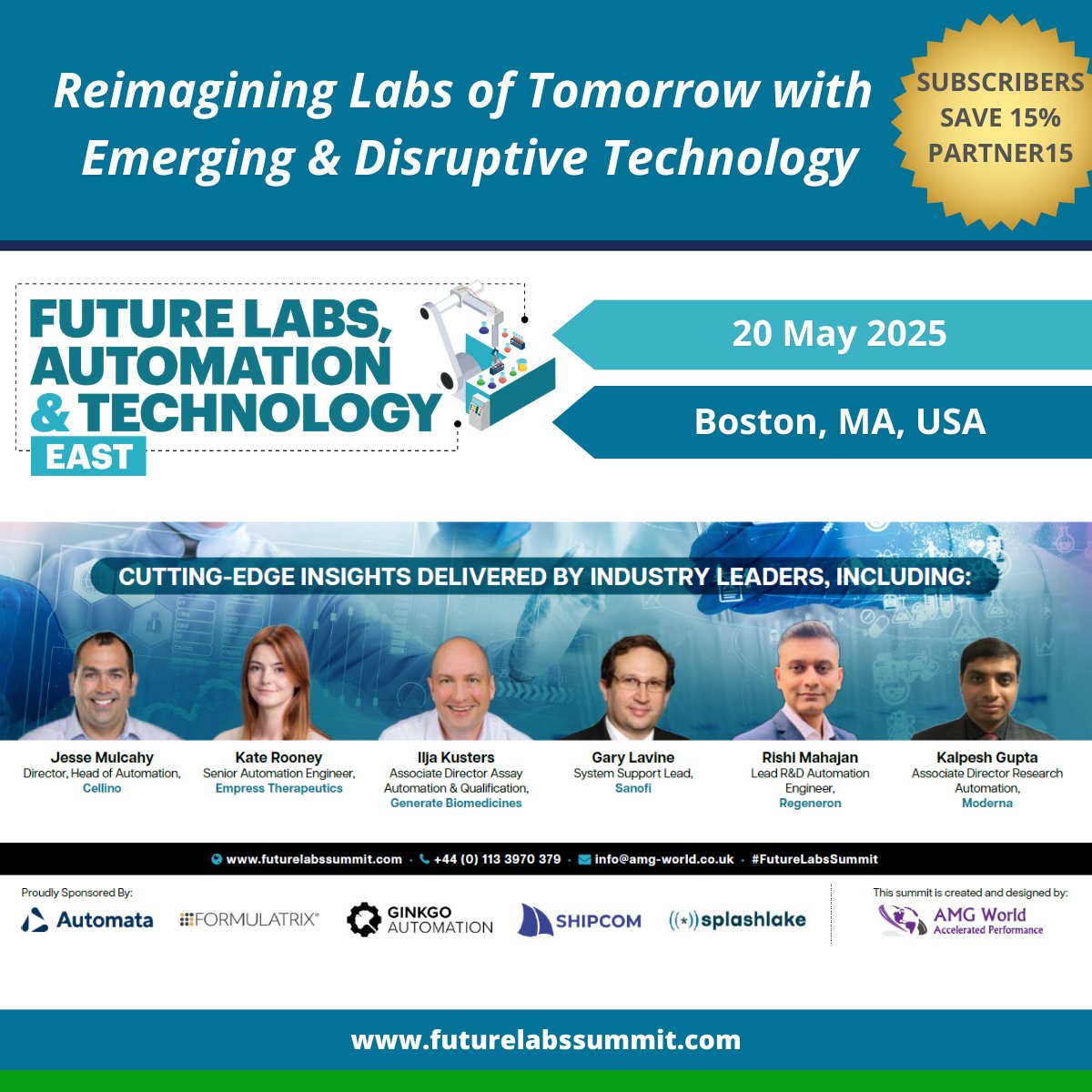 MassBio (@massbio) on Twitter photo MassBio is joining <a href="/AMGWorldEvents/">AMG World Events</a> + leaders from Regeneron, Moderna, Pfizer, Sanofi & more at #FutureLabs East on May 20.
Let’s talk automation, scaling innovation & optimizing lab space. Use code PARTNER15 for 15% off: bit.ly/futurelabsreg_… MassBio is joining <a href="/AMGWorldEvents/">AMG World Events</a> + leaders from Regeneron, Moderna, Pfizer, Sanofi & more at #FutureLabs East on May 20.
Let’s talk automation, scaling innovation & optimizing lab space. Use code PARTNER15 for 15% off: bit.ly/futurelabsreg_…