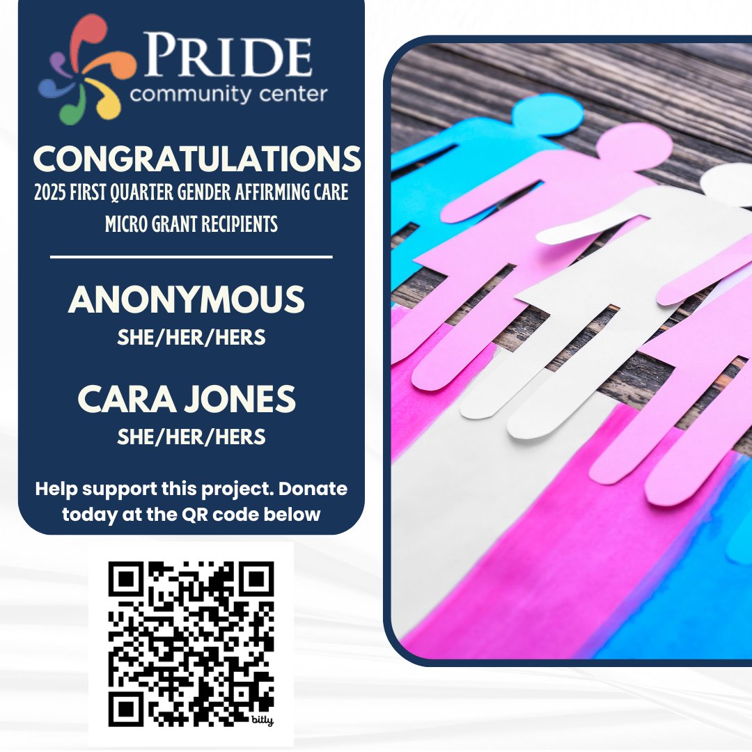 Congratulations to the recipients of our 2025 First Quarter Gender Affirming Care micro-grant.
To date Pride Community Center has awarded $1200. Help us keep the funds flowing, donate by scanning the QR code or clicking here: bit.ly/PCC_GACFund