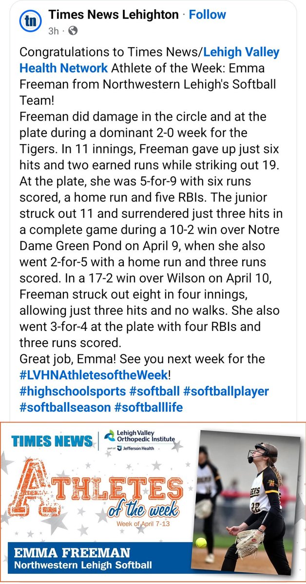 NWtigerSoftball's tweet photo. Congratulations Emma Freeman!
Keep it rolling #22! 🫡🔥
#RBABS
#EMPTYTHETANK https://t.co/iQO1G1BwZQ