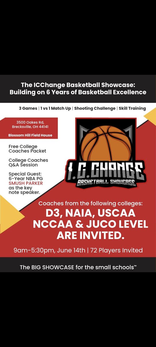College coaches scheduled to attend the I.C.Change Basketball Showcase. 

Cuyahoga Community College- Juco
Lakeland Community College- Juco
Bryant &amp; Stratton Community College- Juco 
Bryant &amp; Stratton- USCAA 
Andrews Community College- Juco
Lourdes University- NAIA
Defiance