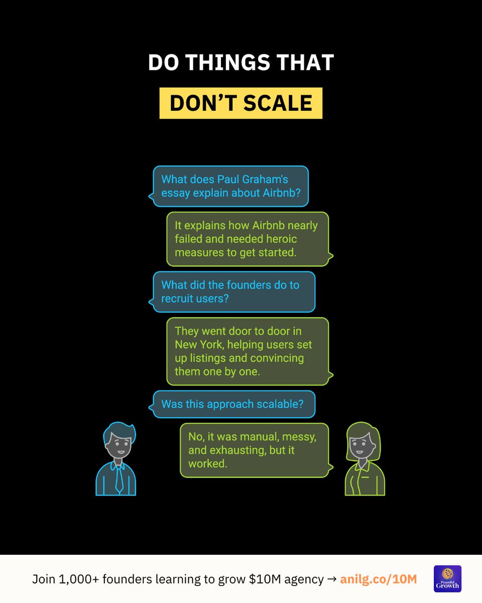 Do things that don’t scale.

Airbnb nearly failed.

Not because they lacked a good idea.
But because early traction was brutally hard.

Paul Graham once wrote:

“Marketplaces are so hard to get rolling that you should expect to take heroic measures at first.”

So what did Airbnb