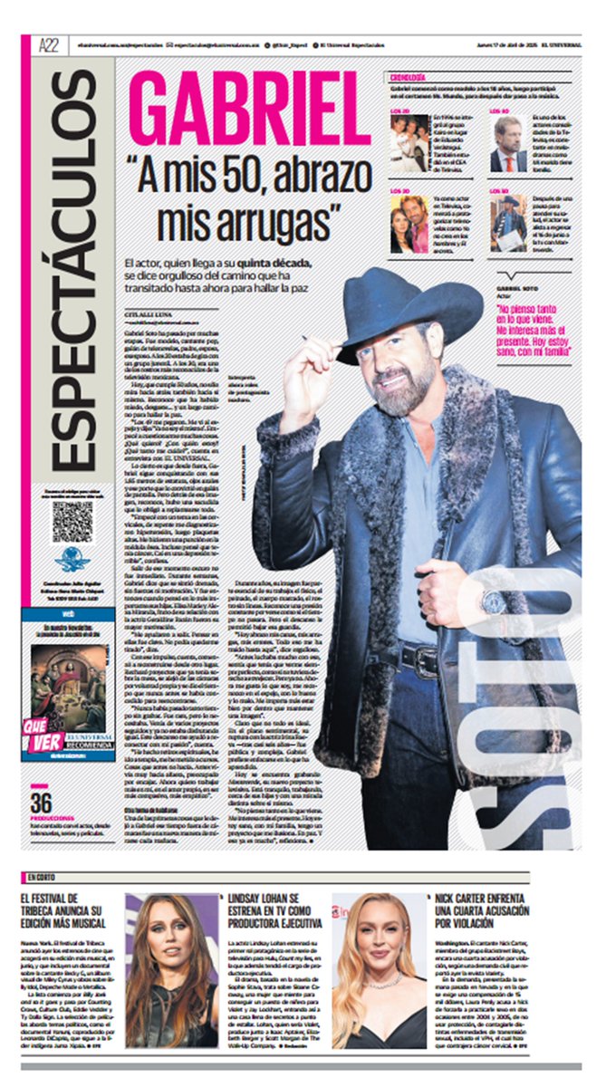 #EnPortada Gabriel Soto: “A mis 50, abrazo mis arrugas” #BonitoJueves
Lee más aquí👇:
eluniversal.com.mx/espectaculos/g…