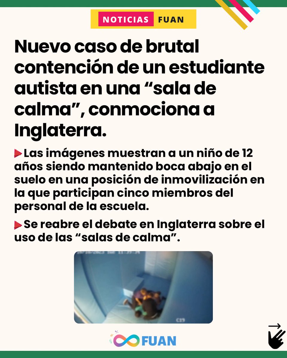 FuanFundacion's tweet photo. Nuevo caso de brutal contención de un estudiante autista en una “sala de calma”, conmociona a Inglaterra. Un niño de 12 años sufre inmovilización en la que participan cinco miembros del personal de la escuela. https://t.co/osftUhfaUU En Chile urge regular este tipo de espacios. https://t.co/o1HHAeoU79