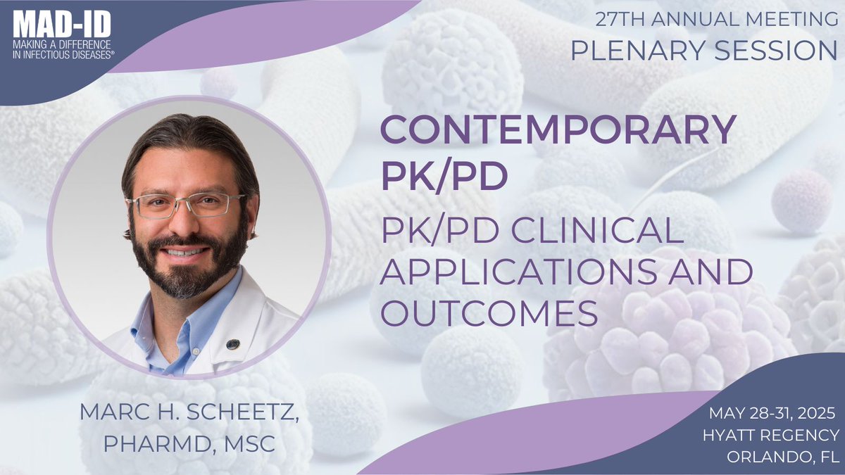 MAD-ID The Antimicrobial Stewardship Meeting®️ (@mad_id_asp) on Twitter photo 📊💊 How does PK/PD impact clinical outcomes? Join Dr. Marc H. Scheetz at #MADID2025 for \PK/PD Clinical Applications and Outcomes 🔬⚡
Don’t miss these essential insights—register today! 👉 mad-idmembership.vfairs.com 🗓️
<a href="/IDPharmacometrx/">Marc H. Scheetz</a> <a href="/SIDPharm/">SIDP</a> <a href="/SHEA_Epi/">SHEA</a> <a href="/accpinfdprn/">ACCP INFD PRN</a> 📊💊 How does PK/PD impact clinical outcomes? Join Dr. Marc H. Scheetz at #MADID2025 for \PK/PD Clinical Applications and Outcomes 🔬⚡
Don’t miss these essential insights—register today! 👉 mad-idmembership.vfairs.com 🗓️
<a href="/IDPharmacometrx/">Marc H. Scheetz</a> <a href="/SIDPharm/">SIDP</a> <a href="/SHEA_Epi/">SHEA</a> <a href="/accpinfdprn/">ACCP INFD PRN</a>