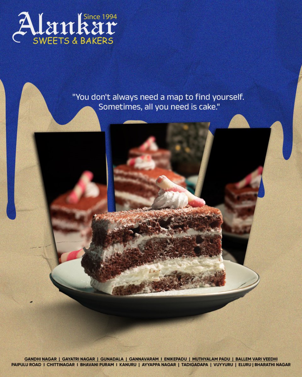 AlankarBakery's tweet image. You don’t always need a map to find happiness… sometimes, a slice of cake is all it takes! #RedVelvetPastry

Swing by your nearest branch and treat yourself today! 
#AlankarSweets #AlankarBakers #Vijayawada