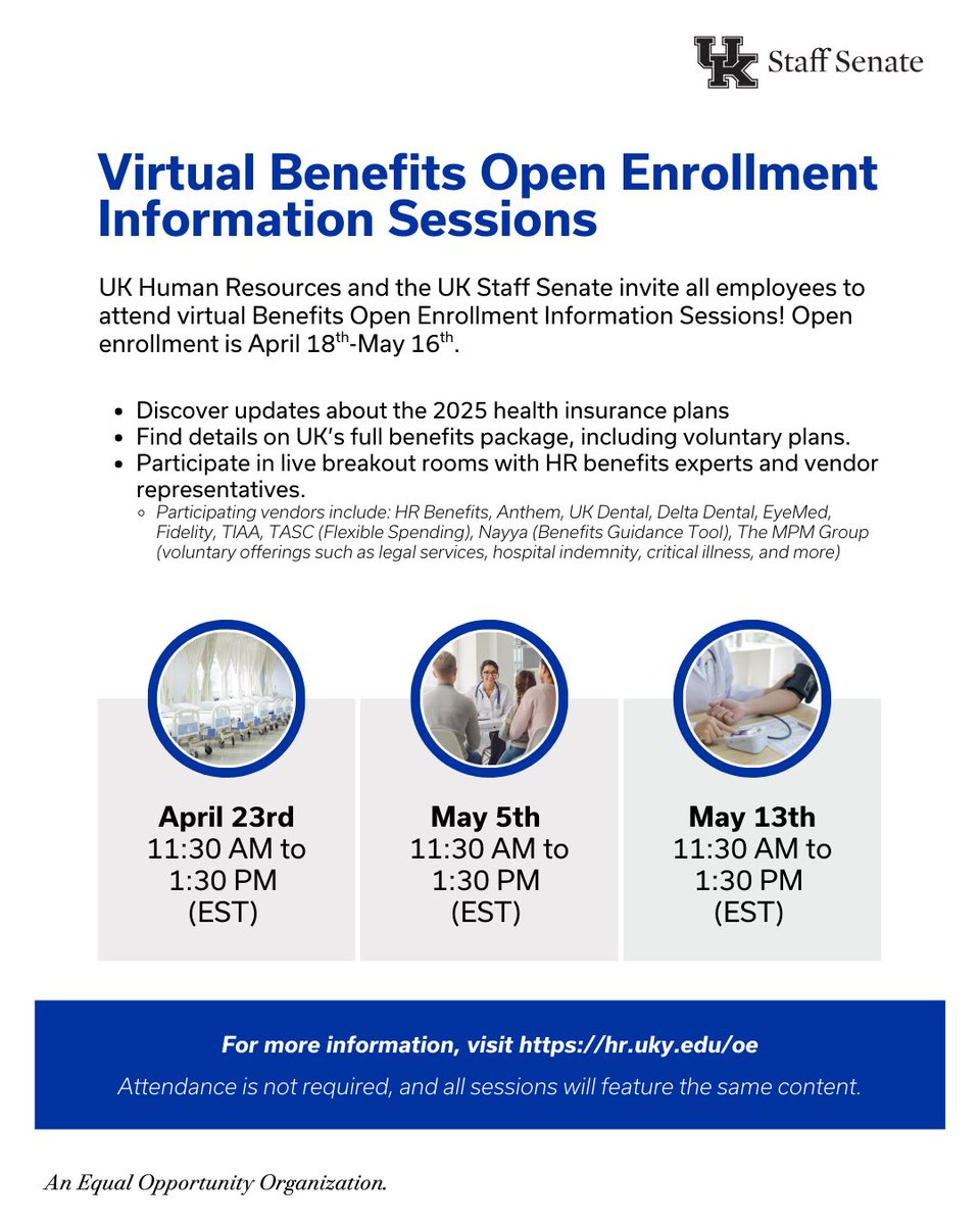 Get informed! ➡️ UK employees, don't miss the virtual Benefits Open Enrollment Information Sessions hosted by UK Human Resources and the UK Staff Senate.

For more details and registration---> staffsenate.uky.edu/uk-benefits-op….

#ukstaffsenate