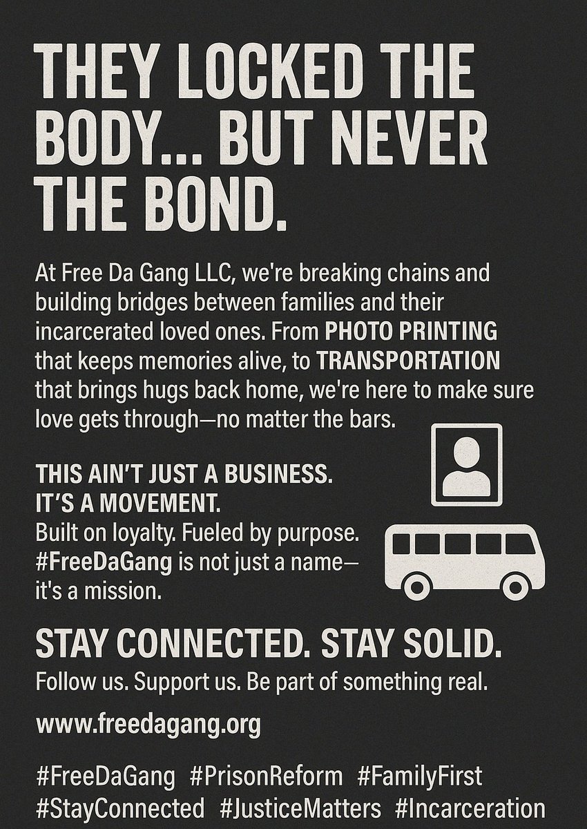 FreeDaGangLLC's tweet image. They locked the body… but never the bond.
At Free Da Gang LLC, we’re breaking chains and building bridges between families and their incarcerated loved ones. From photo printing that keeps memories alive to transportation that brings hugs back home we’re here to help #FreeDaGang