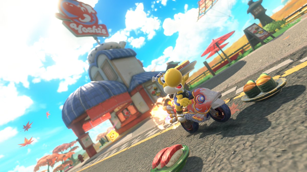 NintendoAmerica's tweet photo. At Yoshi's, you can grab an order to-go! Introducing Dash Food! 

In #MarioKartWorld, eating these meals can unlock outfits inspired by your meal, which you can later select from the character selection screen. Be sure to try them all! https://t.co/hVuPYhmk0k