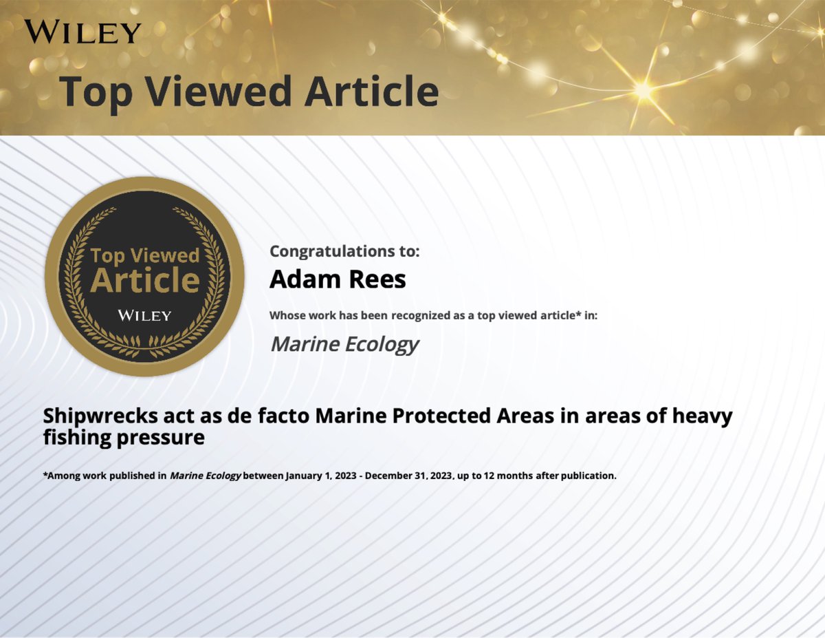 Dr Adam Rees (@adamlikesthesea) on Twitter photo 🎉Nice achievement for our paper led by Jenny Hickman looking at ecological benefits of shipwrecks in Scotland.
🎖️Top 10% most viewed papers published by Marine Ecology <a href="/wileyinresearch/">Wiley in research</a>
👀📖:
tinyurl.com/Shipwrecks-as-…
<a href="/Dr_Emma_Sheehan/">Emma Sheehan</a> <a href="/joeyrichards24/">Joe Richards</a> <a href="/Bluemarinef/">Blue Marine Foundation</a> <a href="/SamFanshawe/">Sam Fanshawe</a> 🎉Nice achievement for our paper led by Jenny Hickman looking at ecological benefits of shipwrecks in Scotland.
🎖️Top 10% most viewed papers published by Marine Ecology <a href="/wileyinresearch/">Wiley in research</a>
👀📖:
tinyurl.com/Shipwrecks-as-…
<a href="/Dr_Emma_Sheehan/">Emma Sheehan</a> <a href="/joeyrichards24/">Joe Richards</a> <a href="/Bluemarinef/">Blue Marine Foundation</a> <a href="/SamFanshawe/">Sam Fanshawe</a>