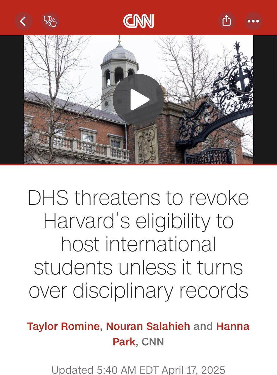 It gets even better🔥

Trump admin now threatening to revoke Harvard’s ability to enroll foreign students, which make up 20%+ of their student body, unless they turn over disciplinary records

Harvard is trying to protect Hamas supporters

Trump is trying to deport them

And he