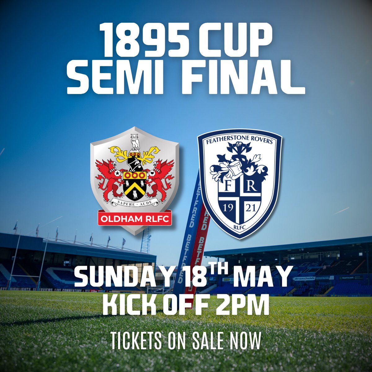 1895 Cup Semi-Final Details 🏆

Oldham vs Featherstone -  Sunday May 18, 2pm KO.

Adults are just £15 with kids FREE.

Get your tickets now: shorturl.at/RHfu7

#UTR | #BackTheRovers
