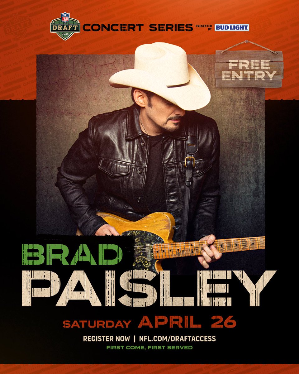 NFL (@nfl) on Twitter photo The 2025 NFL Draft Concert Series presented by Bud Light brings you a live performance by global country super star, <a href="/BradPaisley/">Brad Paisley</a> on Saturday, April 26. 🎶
Register for free entry at NFL.com/DraftAccess to experience it all. The 2025 NFL Draft Concert Series presented by Bud Light brings you a live performance by global country super star, <a href="/BradPaisley/">Brad Paisley</a> on Saturday, April 26. 🎶
Register for free entry at NFL.com/DraftAccess to experience it all.